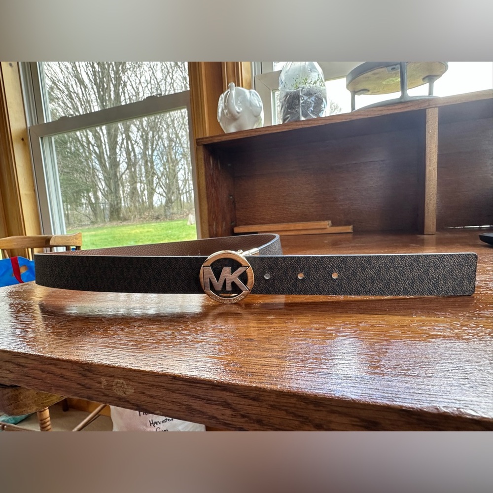 Michael Kors Black Monogram Belt with Gold MK Buckle